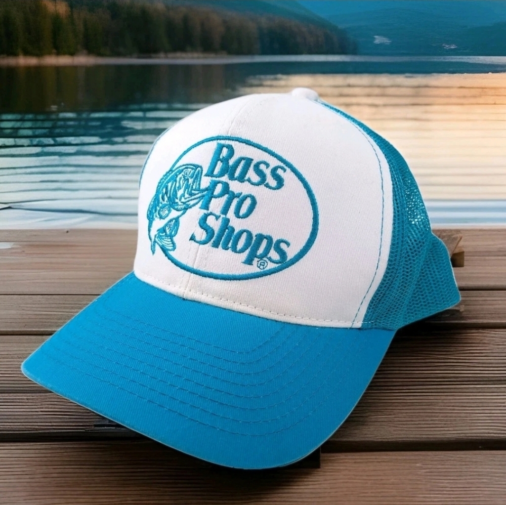 Bass Pro Shops Trucker Hat Cap Snapback Blue Turquoise Embroidered Logo Outdoors